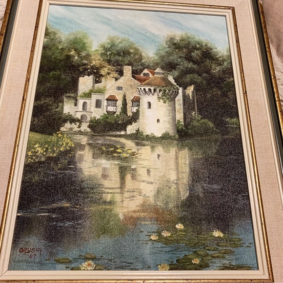 Vintage painting castle with moat/pond pastoral scene - Picture 5 of 6